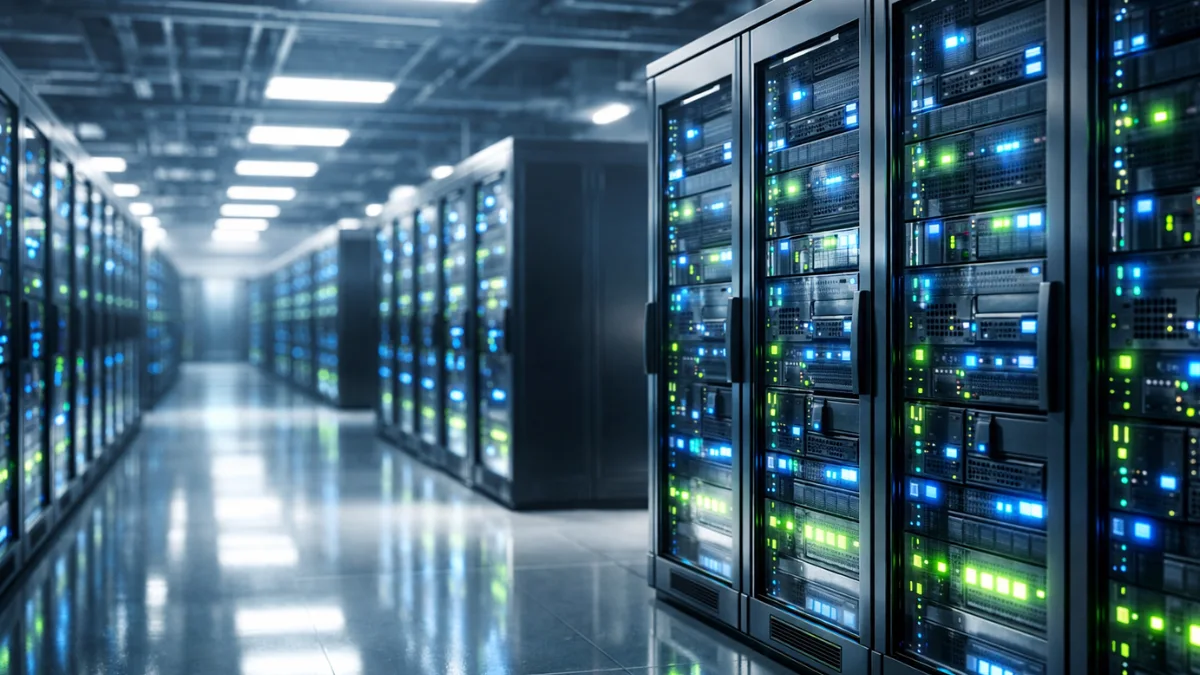 A pristine, high-tech artificial intelligence data center with rows of illuminated server racks.