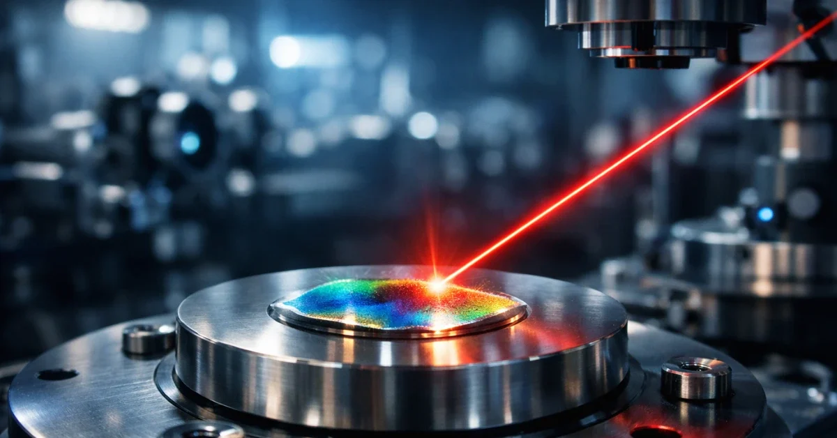 A glowing laser beam illuminating a small stainless-steel disc in a high-tech physics laboratory setting.