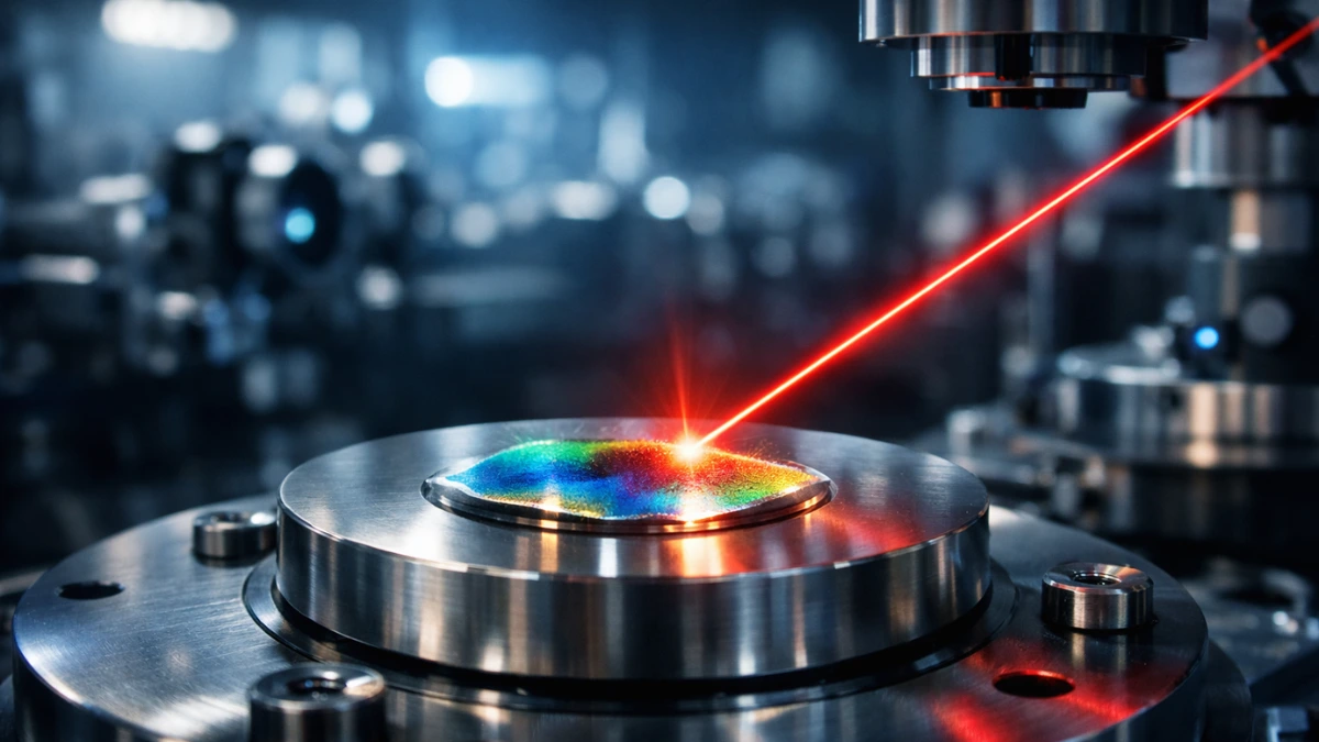 A glowing laser beam illuminating a small stainless-steel disc in a high-tech physics laboratory setting.