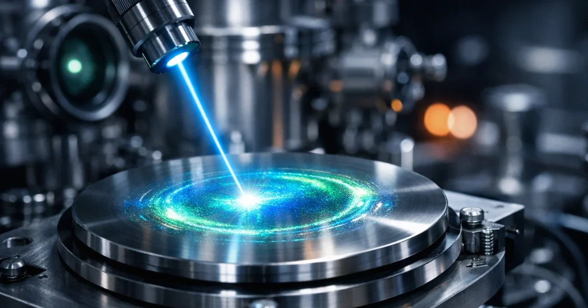 A highly advanced physics laboratory showing a bright laser beam illuminating a tiny stainless-steel disc coated with a microscopic thin film of thorium oxide.