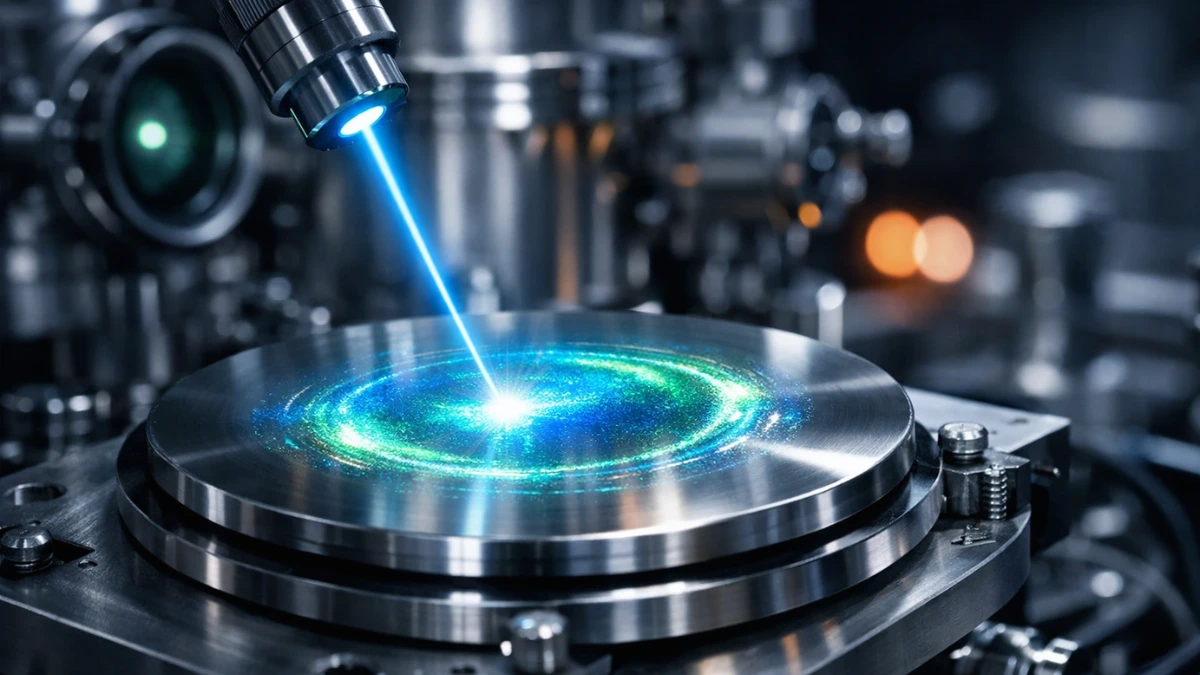 A highly advanced physics laboratory showing a bright laser beam illuminating a tiny stainless-steel disc coated with a microscopic thin film of thorium oxide.