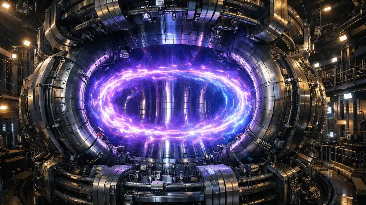 A highly detailed view inside a futuristic tokamak nuclear fusion reactor showing glowing purple and blue plasma suspended by massive metallic magnetic coils.