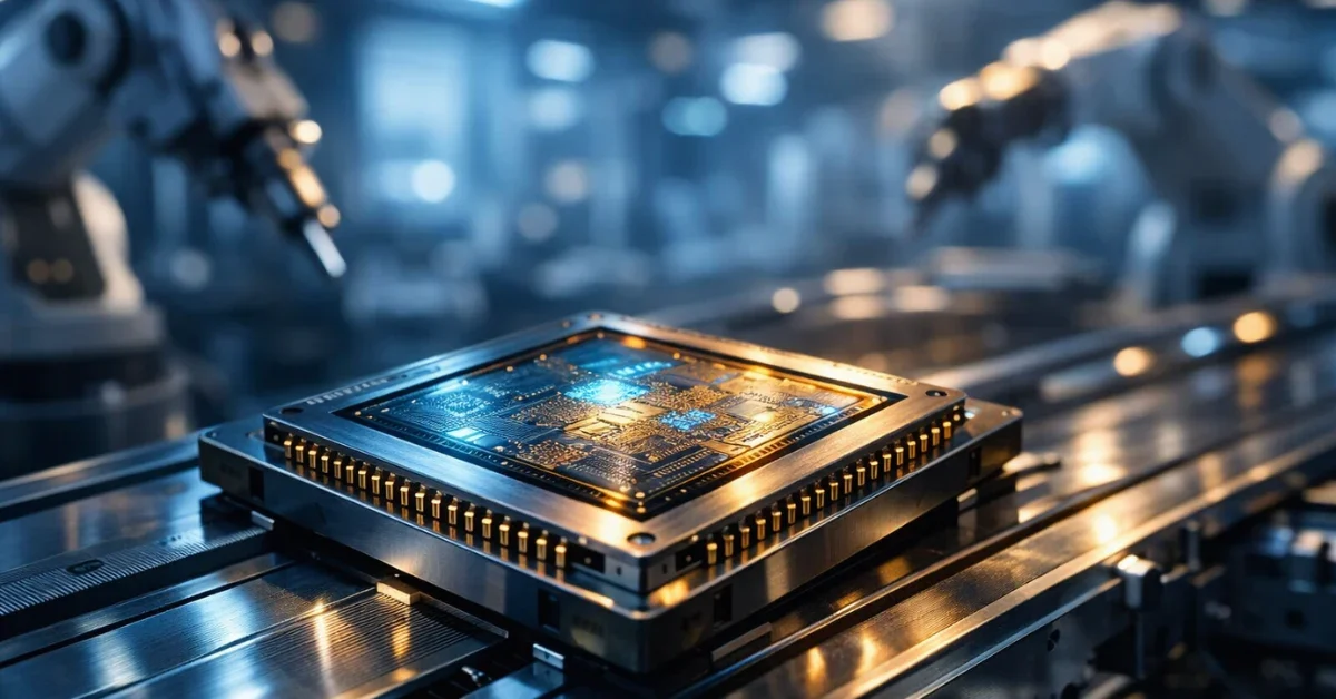 A close-up view of an advanced semiconductor microchip glowing on a high-tech manufacturing assembly line.