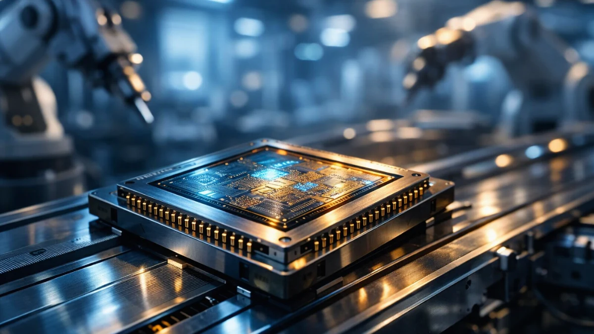 A close-up view of an advanced semiconductor microchip glowing on a high-tech manufacturing assembly line.