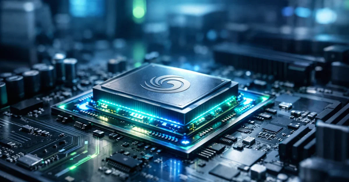 A glowing futuristic Nvidia AI processor resting on a metallic motherboard in a modern technology laboratory.