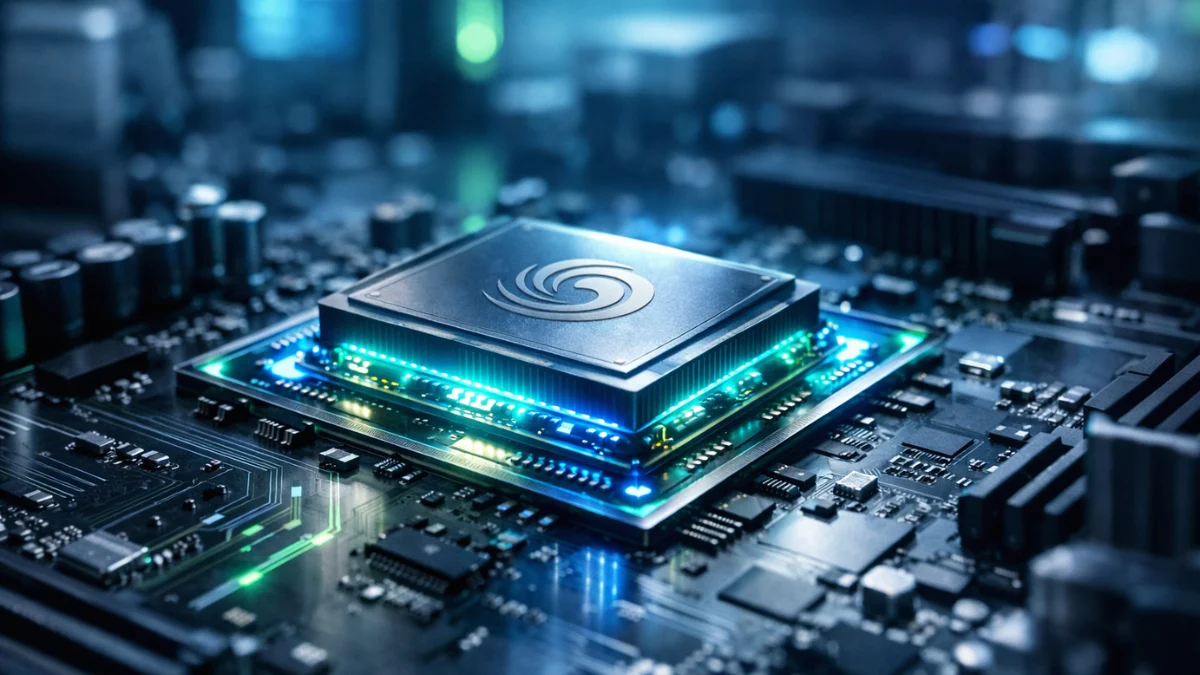 A glowing futuristic Nvidia AI processor resting on a metallic motherboard in a modern technology laboratory.