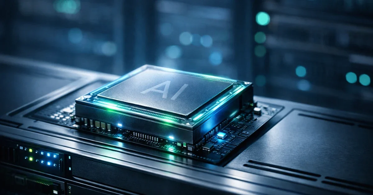 A glowing, futuristic AI processor chip resting on a high-tech server rack inside a modern data center.