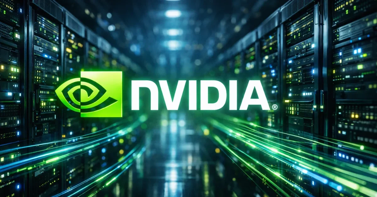 A futuristic AI data center with illuminated server racks and glowing fiber optic trails representing Nvidia's infrastructure investments.
