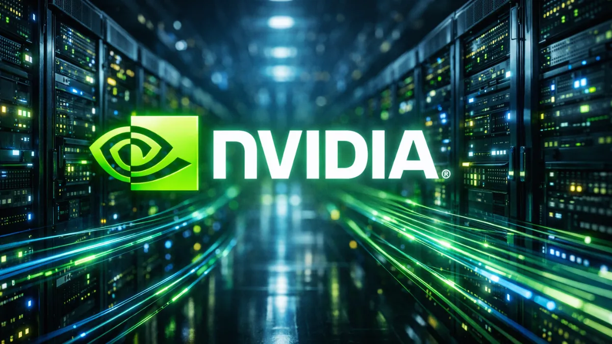 A futuristic AI data center with illuminated server racks and glowing fiber optic trails representing Nvidia's infrastructure investments.