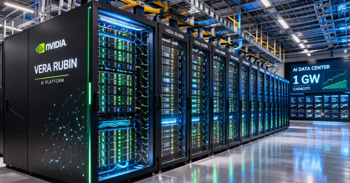 Rows of illuminated high-tech server racks in a modern artificial intelligence data center facility.