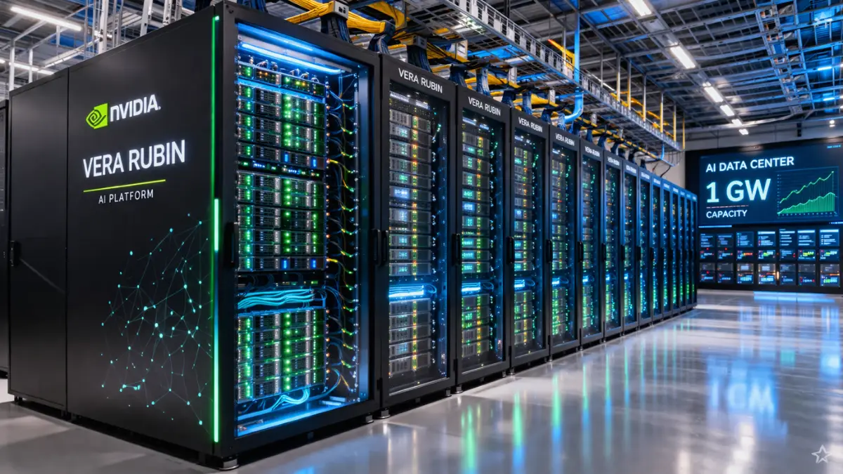 Rows of illuminated high-tech server racks in a modern artificial intelligence data center facility.