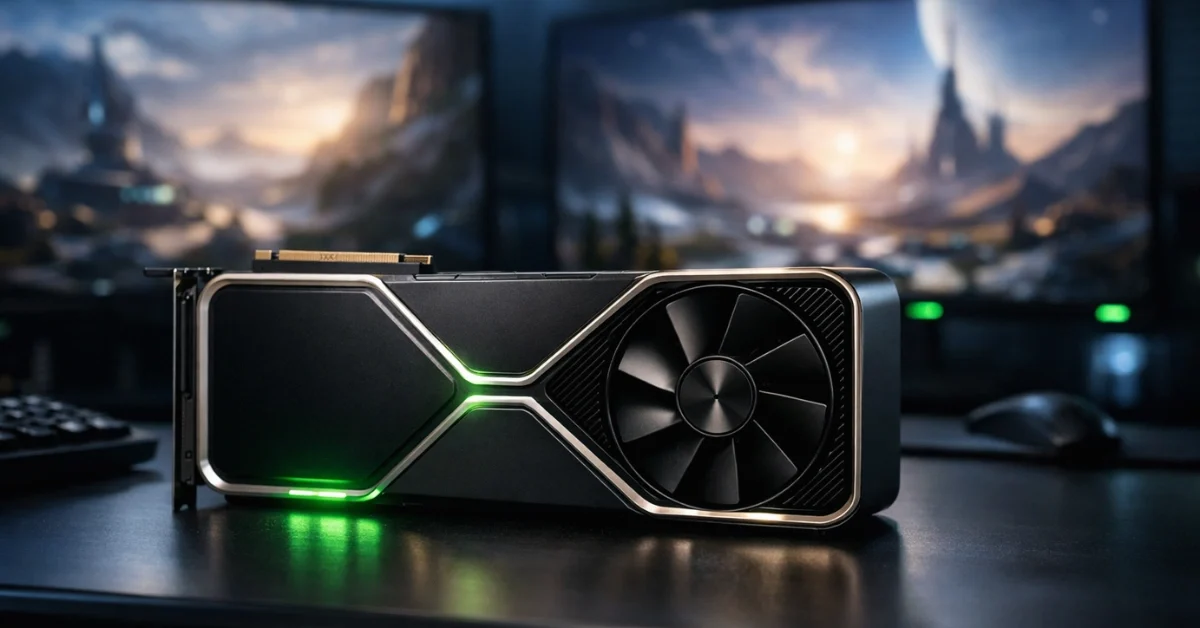 A sleek Nvidia graphics card with green LED lighting on a dark high-tech desk in front of blurred gaming monitors.