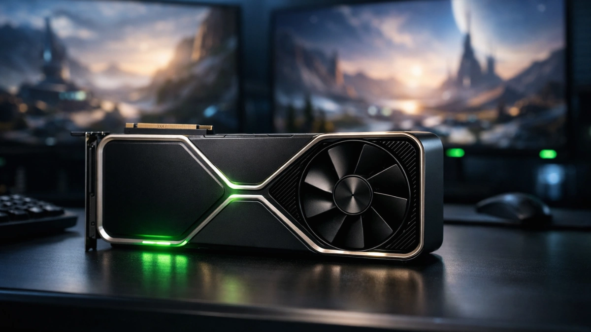 A sleek Nvidia graphics card with green LED lighting on a dark high-tech desk in front of blurred gaming monitors.