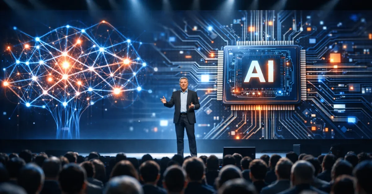 A tech executive presenting advanced artificial intelligence and microchip technology on a large glowing screen to a massive audience at a modern technology conference.