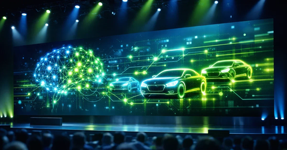 A high-tech conference stage featuring a large illuminated screen displaying glowing artificial intelligence and autonomous vehicle graphics.