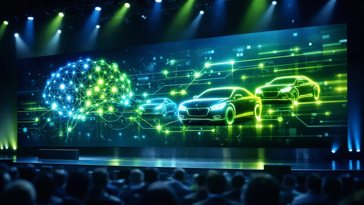 A high-tech conference stage featuring a large illuminated screen displaying glowing artificial intelligence and autonomous vehicle graphics.
