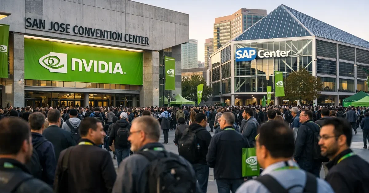 Crowd of attendees gathered near downtown San Jose event venues for Nvidia GTC 2026 before the main keynote.