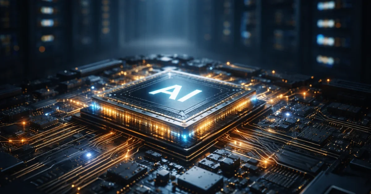 A glowing artificial intelligence computer chip resting on a high-tech server board inside a modern, dimly lit data center.