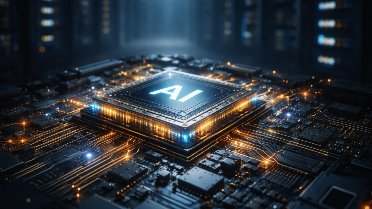 A glowing artificial intelligence computer chip resting on a high-tech server board inside a modern, dimly lit data center.