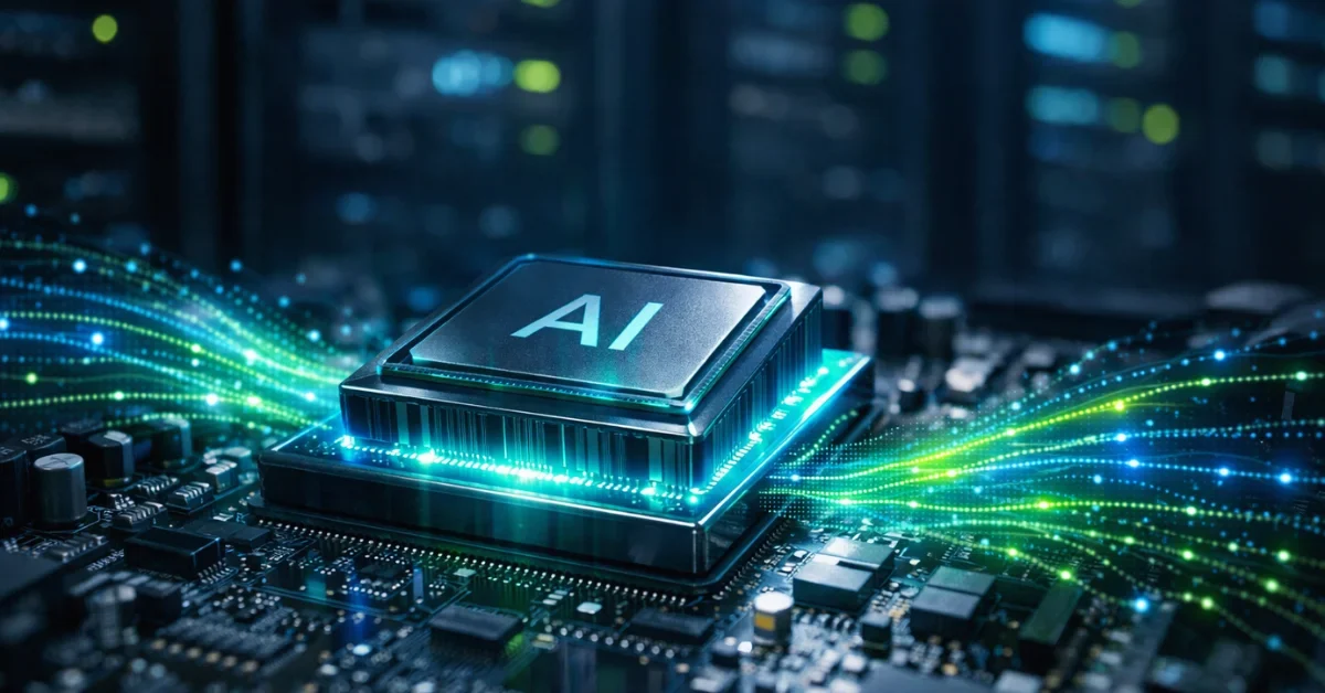 A glowing artificial intelligence computer microchip integrated into a modern motherboard in a dark, high-tech server room.