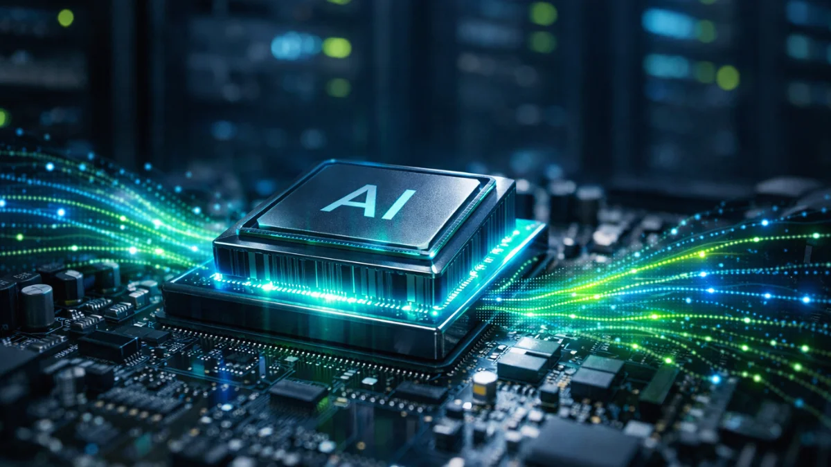 A glowing artificial intelligence computer microchip integrated into a modern motherboard in a dark, high-tech server room.