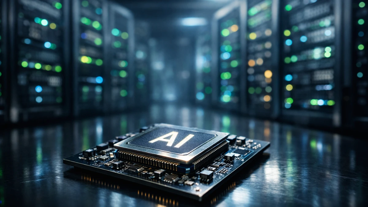 A modern data center glowing with green and blue lights, featuring an advanced computer chip resting on a reflective surface in the foreground.