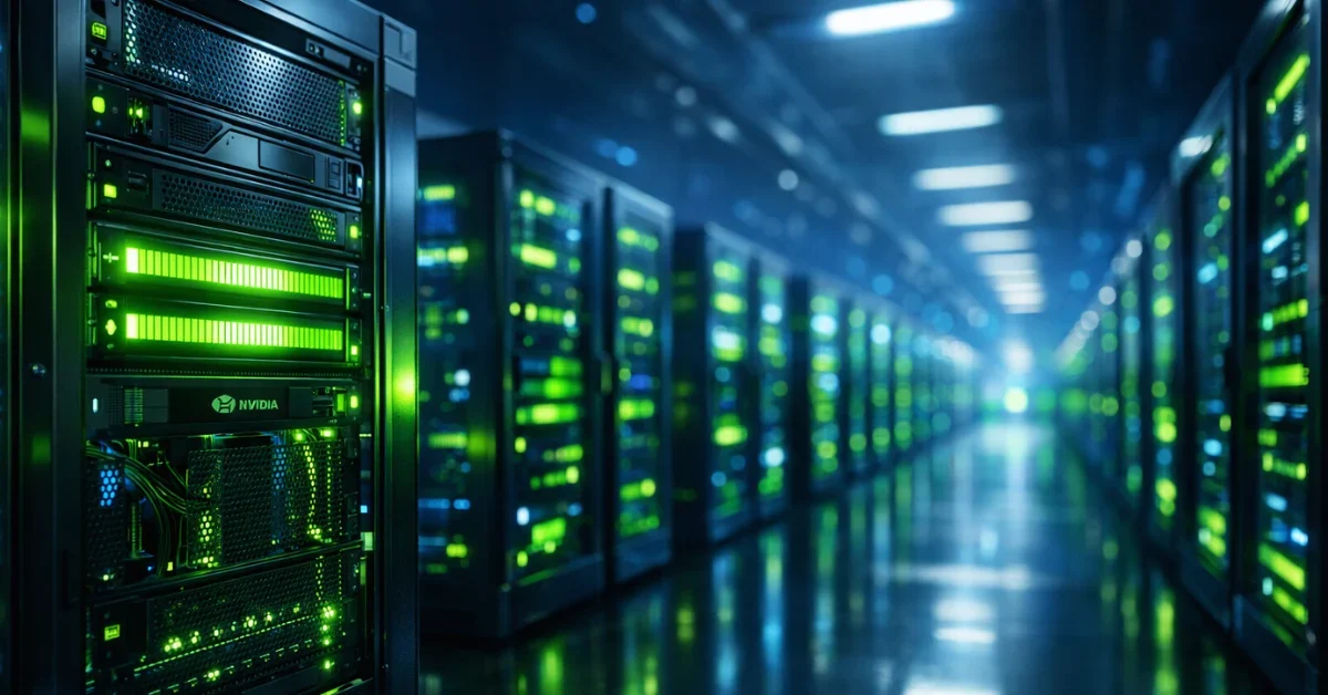 A brightly lit, modern artificial intelligence data center featuring rows of advanced server racks glowing with blue and green lights.