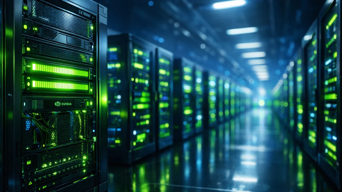 A brightly lit, modern artificial intelligence data center featuring rows of advanced server racks glowing with blue and green lights.