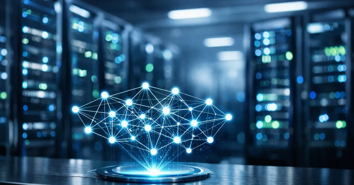 A hyper-realistic view of a modern server room with glowing blue lights and a holographic neural network, representing advanced artificial intelligence infrastructure.