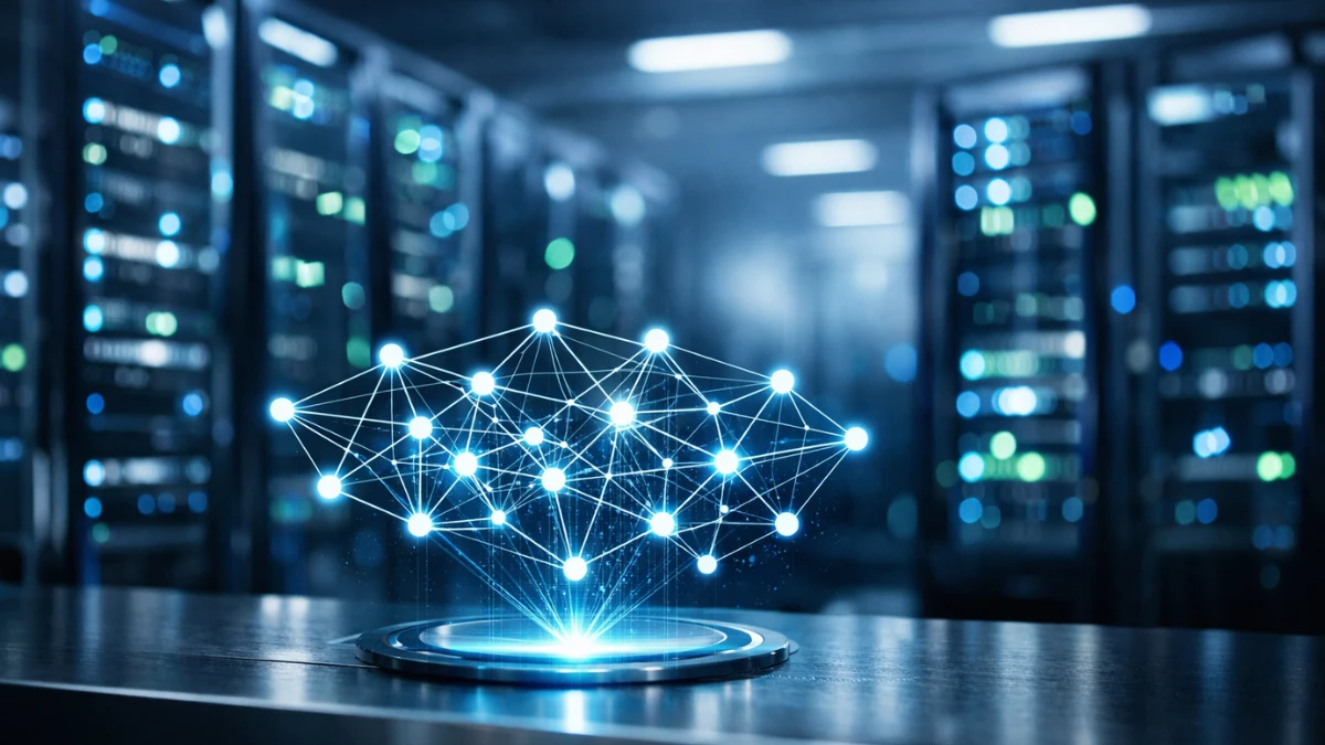 A hyper-realistic view of a modern server room with glowing blue lights and a holographic neural network, representing advanced artificial intelligence infrastructure.