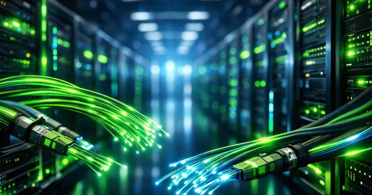 Glowing fiber optic cables connect high-tech server racks in a modern artificial intelligence data center.