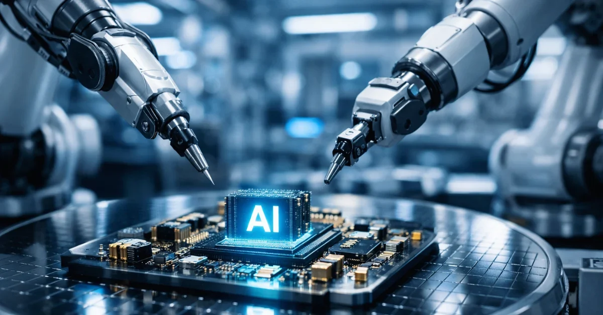 A high-tech semiconductor manufacturing line with robotic arms assembling advanced artificial intelligence microchips under cool blue lighting.