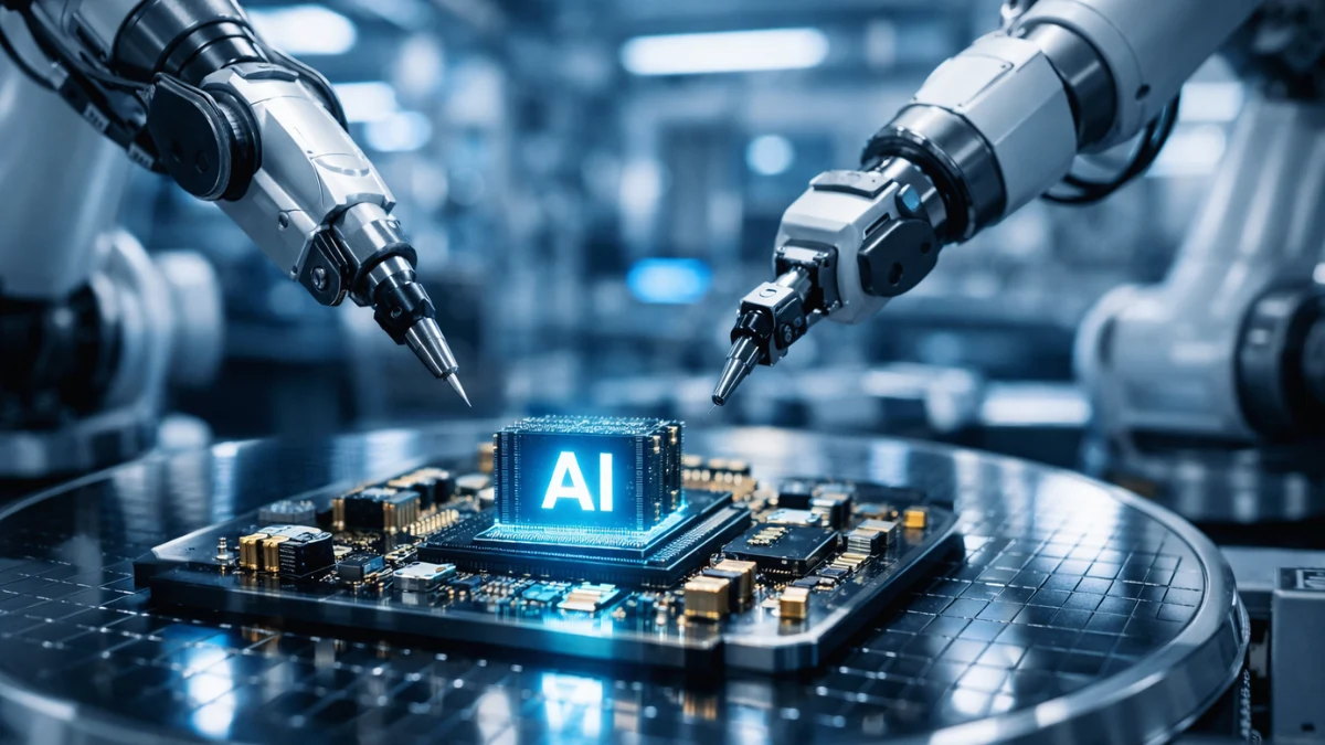 A high-tech semiconductor manufacturing line with robotic arms assembling advanced artificial intelligence microchips under cool blue lighting.