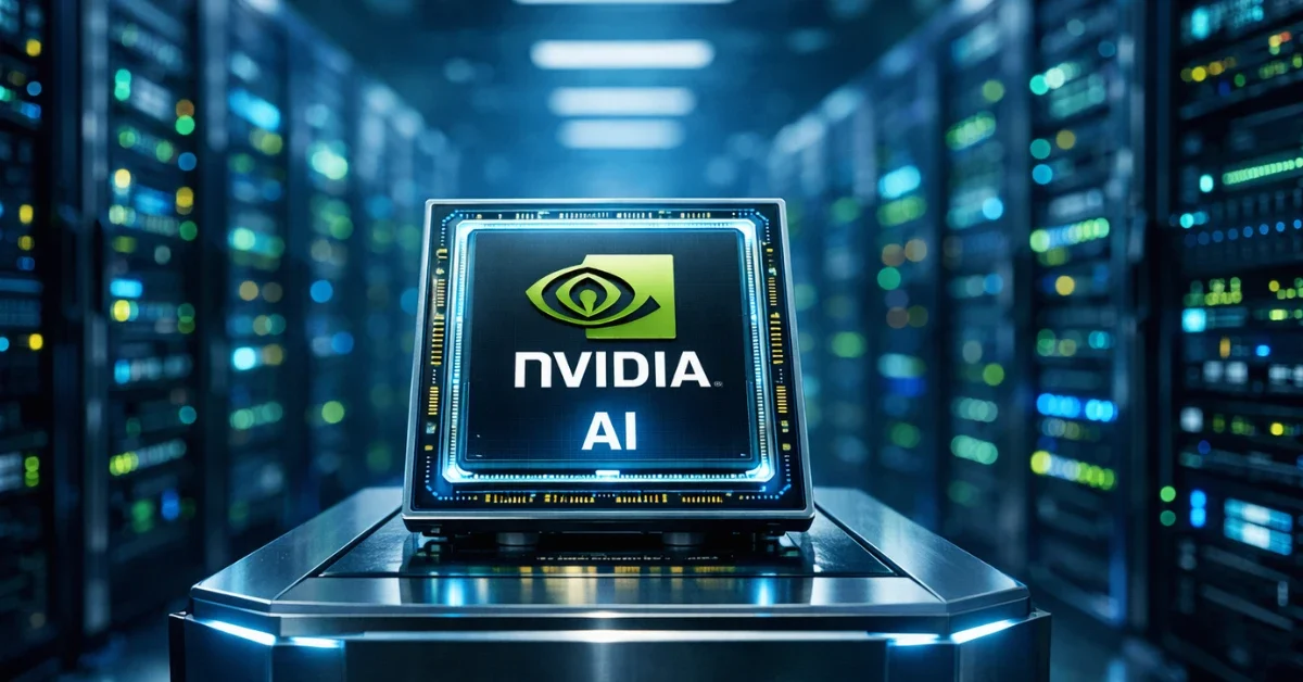 A glowing Nvidia AI microchip displayed in a massive, high-tech data center representing a gigawatt computing infrastructure.