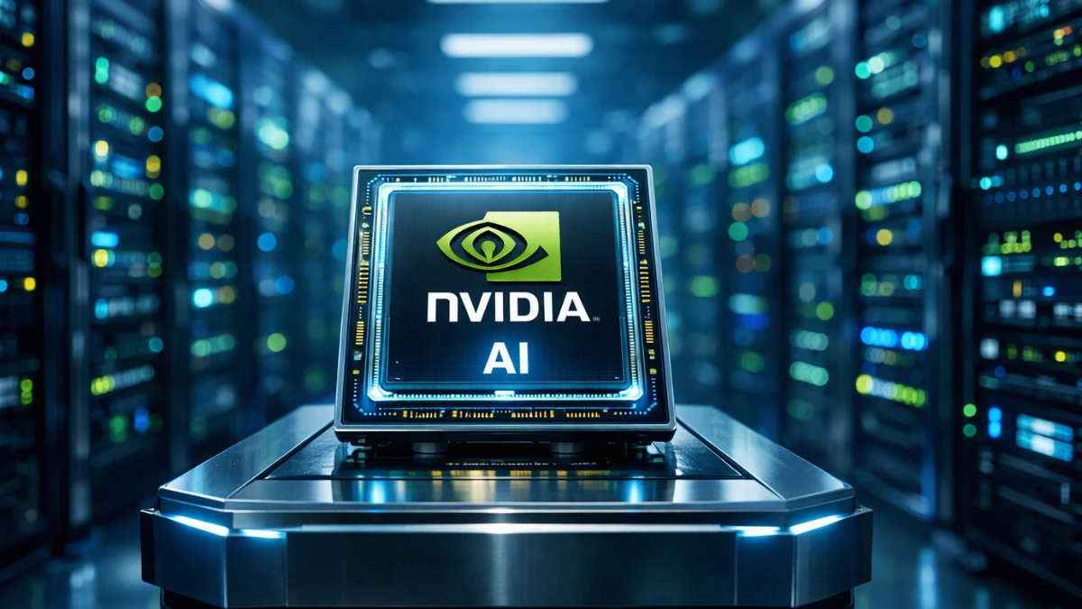 A glowing Nvidia AI microchip displayed in a massive, high-tech data center representing a gigawatt computing infrastructure.