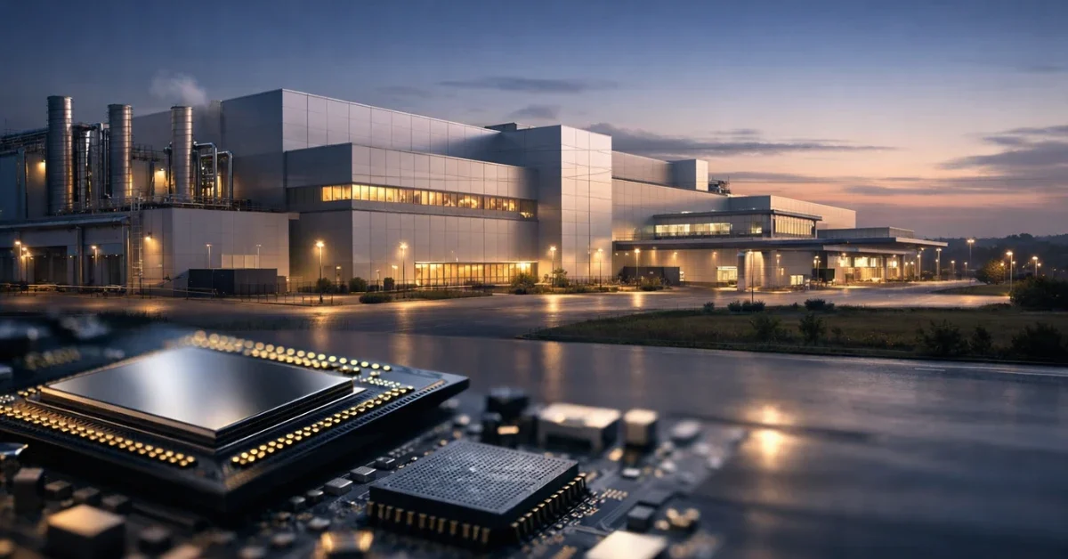 A modern semiconductor fabrication facility at dusk with an abstract depiction of computer chips in the foreground.