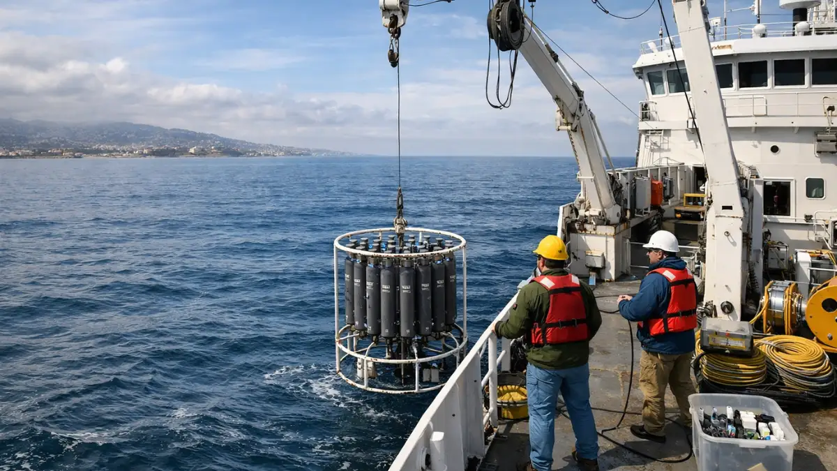 Research vessel collecting seawater samples near a coastline with open ocean in the background.
