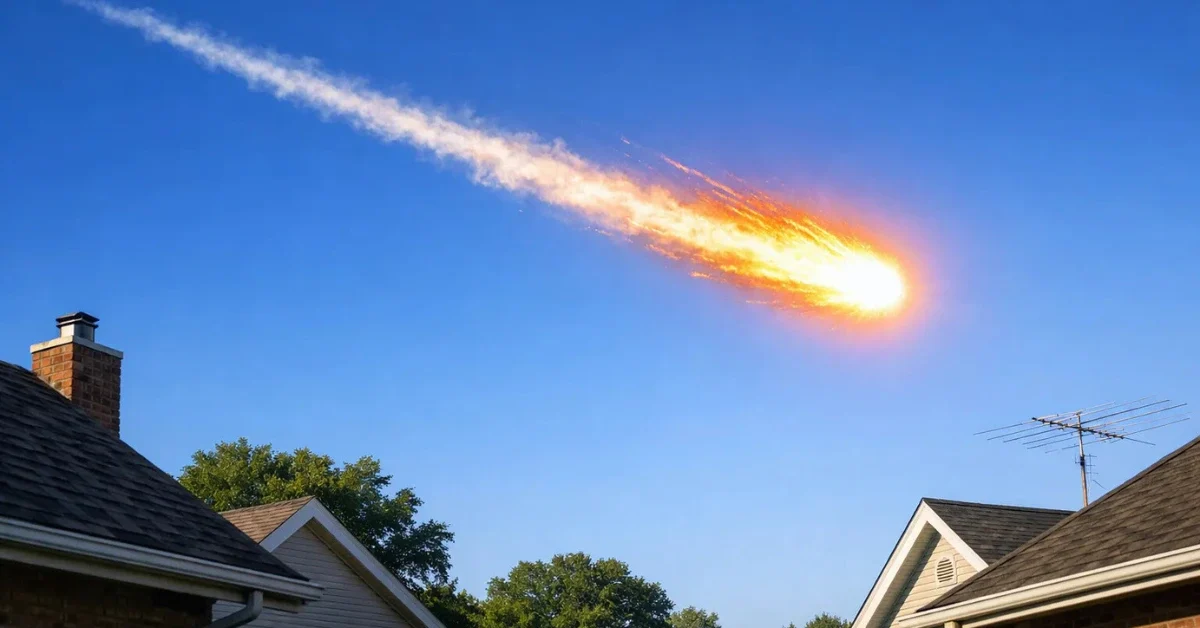A bright fireball meteor soaring over a suburban neighborhood during the day, leaving a glowing, fiery trail in the clear blue sky above residential rooftops.