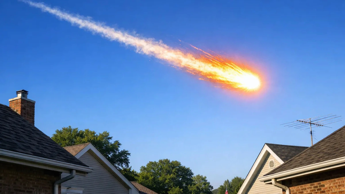 A bright fireball meteor soaring over a suburban neighborhood during the day, leaving a glowing, fiery trail in the clear blue sky above residential rooftops.