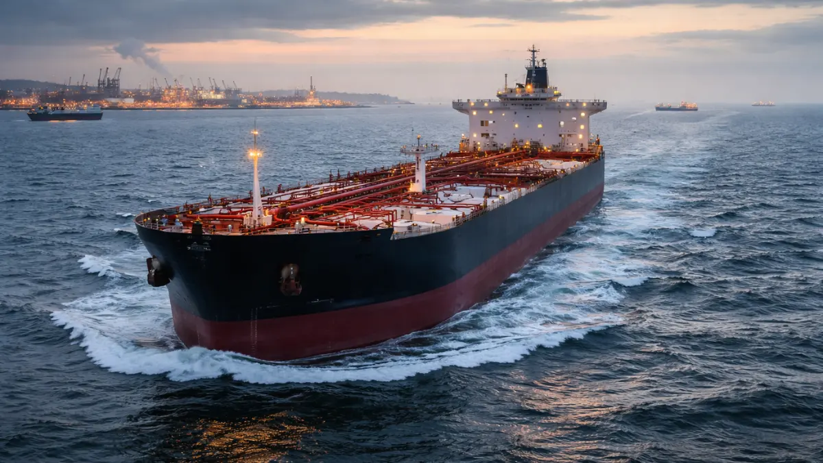 A large oil tanker travels through Gulf waters near a shipping route, with distant port and refinery lights visible under early morning light.