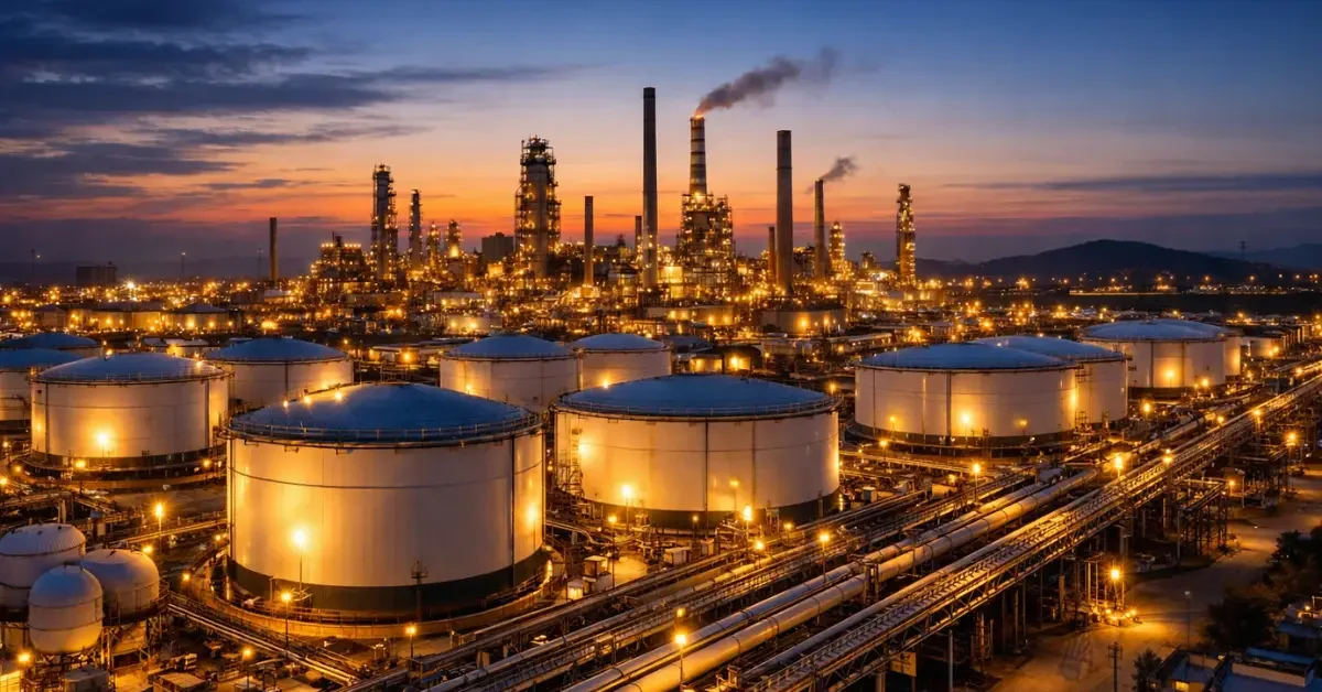Massive industrial oil storage tanks and pipelines at a refinery at dusk, representing global emergency petroleum stockpiles.
