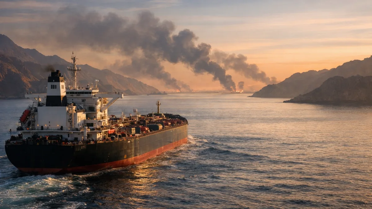 A wide news-style image of an oil tanker traveling through a narrow sea channel with smoke visible in the distance under dramatic morning light.