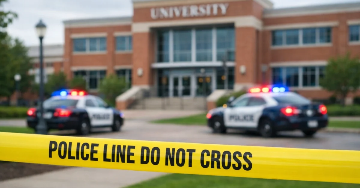 Police cruisers and yellow crime scene tape block the entrance to a modern university building on a college campus.