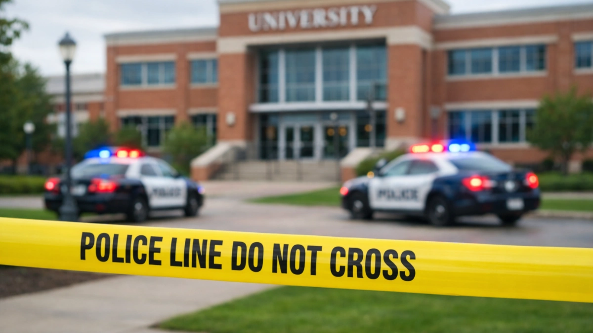 Police cruisers and yellow crime scene tape block the entrance to a modern university building on a college campus.