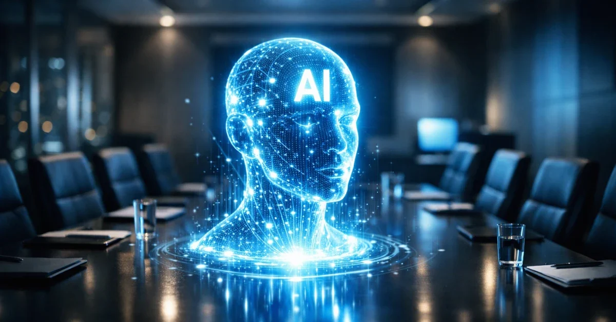 A sleek, modern corporate boardroom featuring a glowing artificial intelligence hologram on a table, representing high-tech corporate strategy.