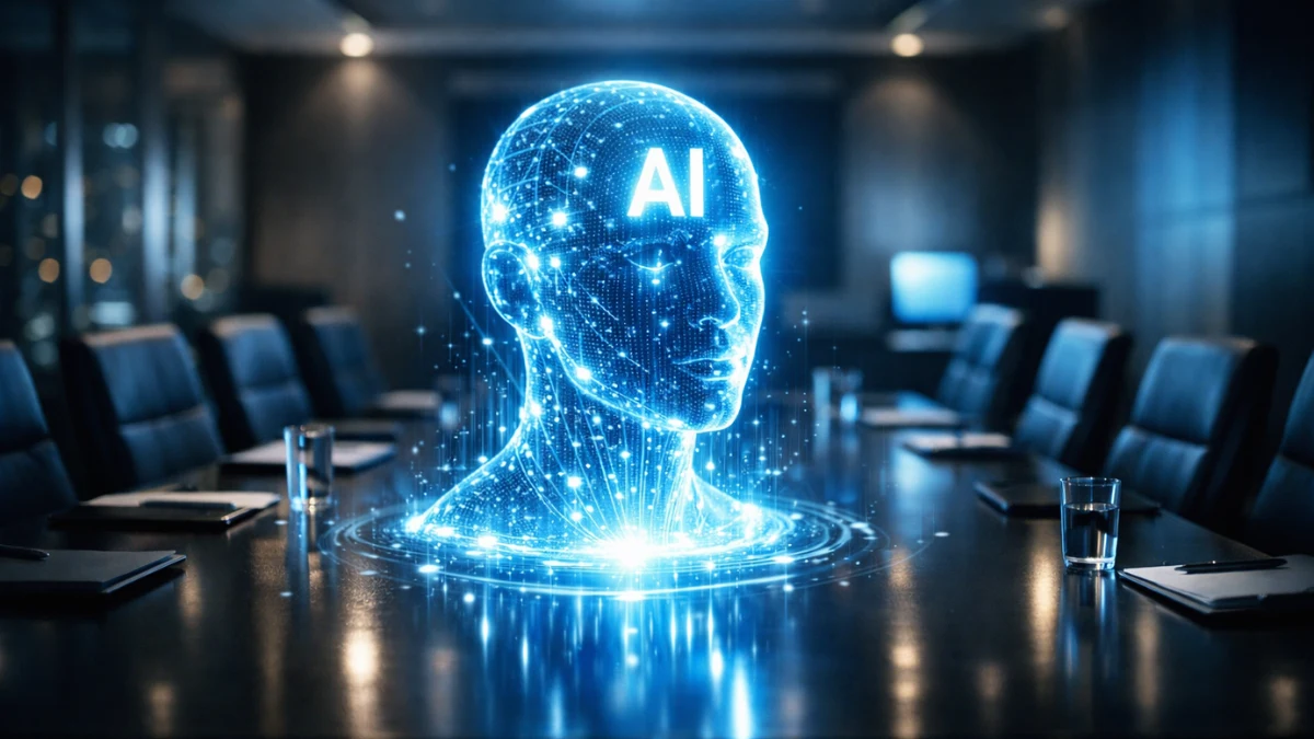 A sleek, modern corporate boardroom featuring a glowing artificial intelligence hologram on a table, representing high-tech corporate strategy.