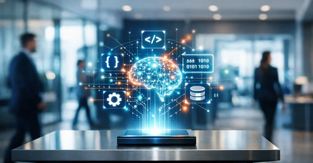 A glowing holographic projection of digital nodes and code in a modern tech office lobby, symbolizing artificial intelligence expansion.