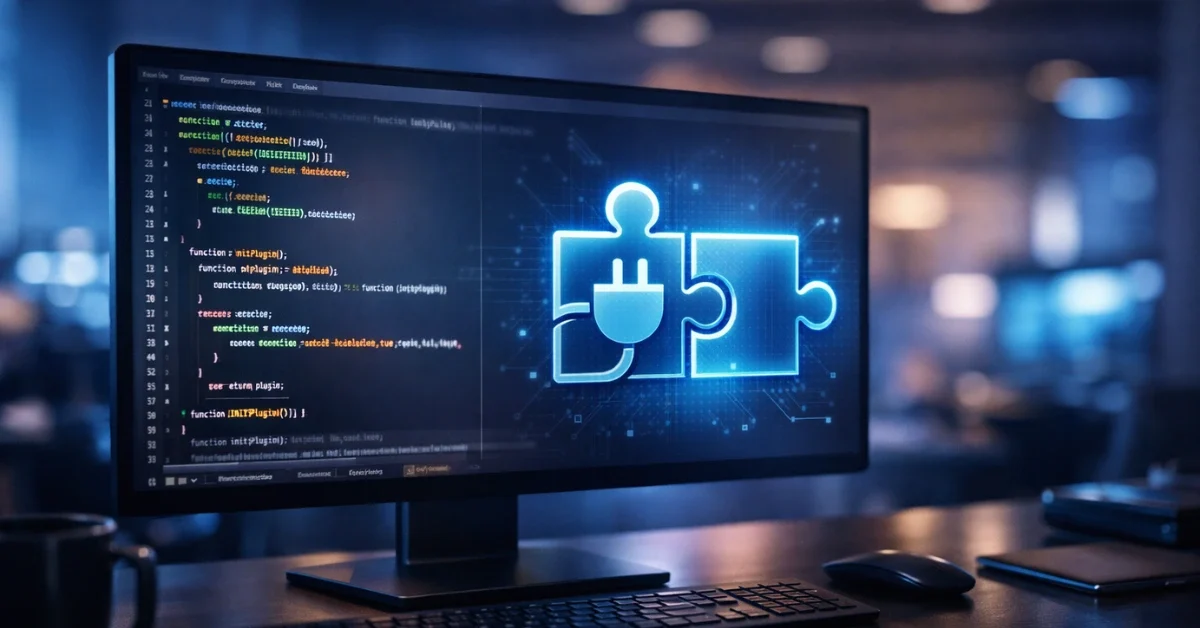 A modern computer monitor displaying code and a glowing plugin icon in a high-tech corporate office setting.
