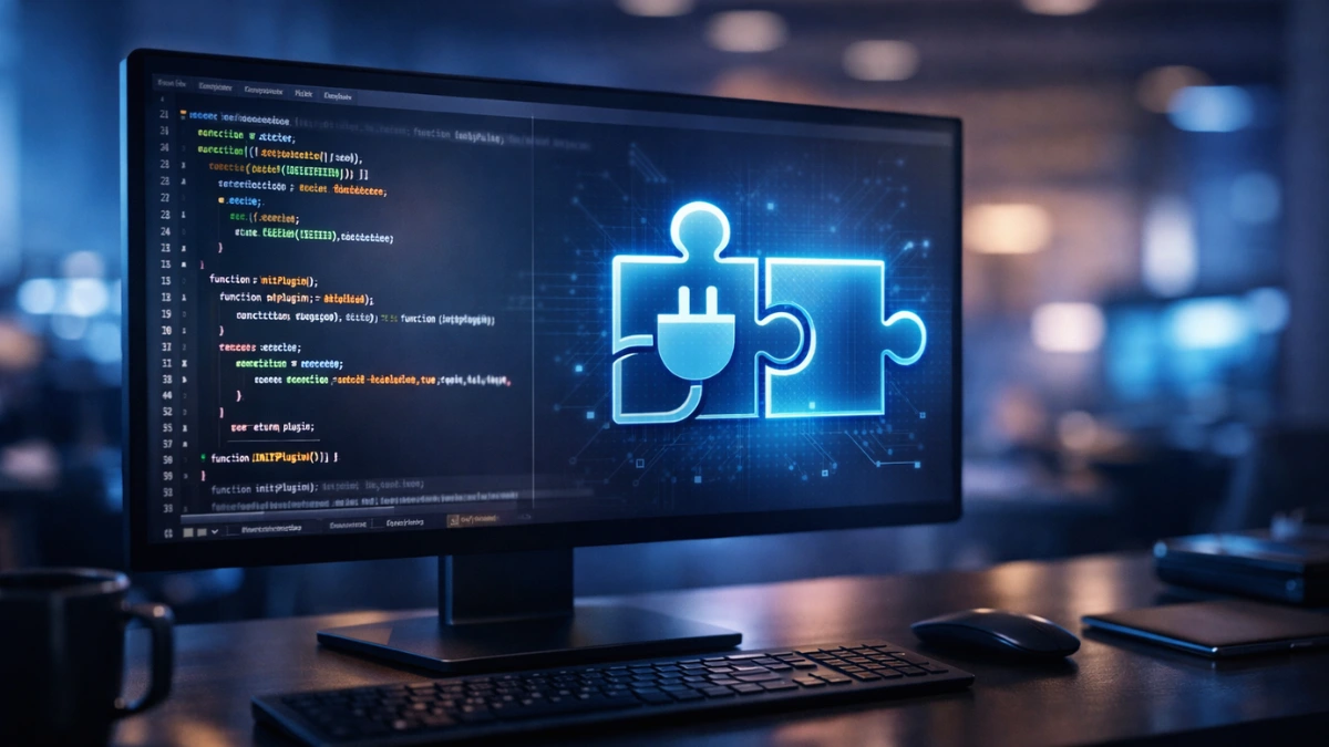 A modern computer monitor displaying code and a glowing plugin icon in a high-tech corporate office setting.