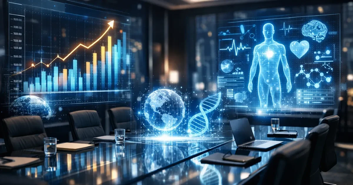A sleek, high-tech corporate boardroom featuring futuristic glowing digital data streams representing AI financial investments and medical research.